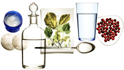 Arrangement of vapor rub, witch hazel, spoon with milk of magnesia, glass of water, cranberries. Home remedies.
