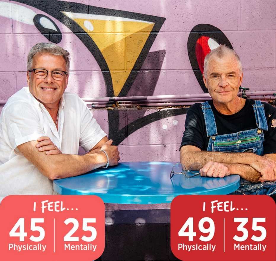 Richard Moschetti, 65, feels 45 physically and 25 mentally. Caleb Ballard, 63, feels 49 physically and 35 mentally richard moschetti age sixty five says he feels forty five physically and twenty five mentally also pictured is caleb ballard age sixty three who says he feels forty nine physically and thirty five mentally
