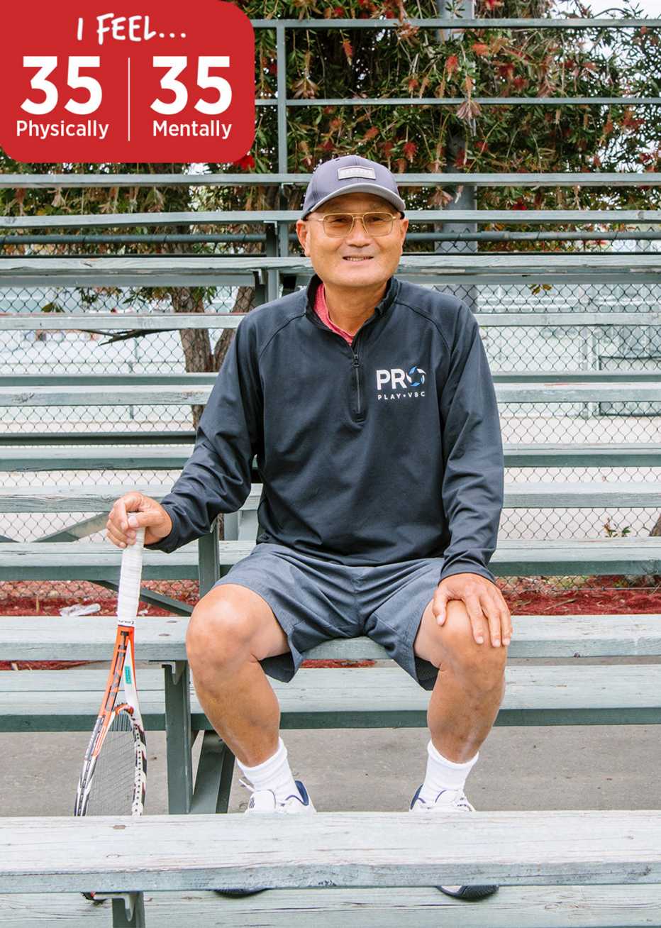 Paul Kim, age 63, says he actually feels 35 both physically and mentally paul kim feels like he is physically and mentally age thirty five but he is actually age sixty three