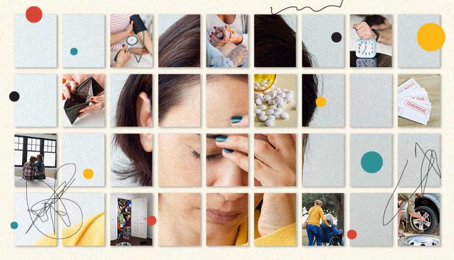 woman with hand to forehead juggling too many items of mental baggage such as schedule health caregiving money repairs and bills woman with hand to forehead juggling too many items of mental baggage such as schedule health caregiving money repairs and bills