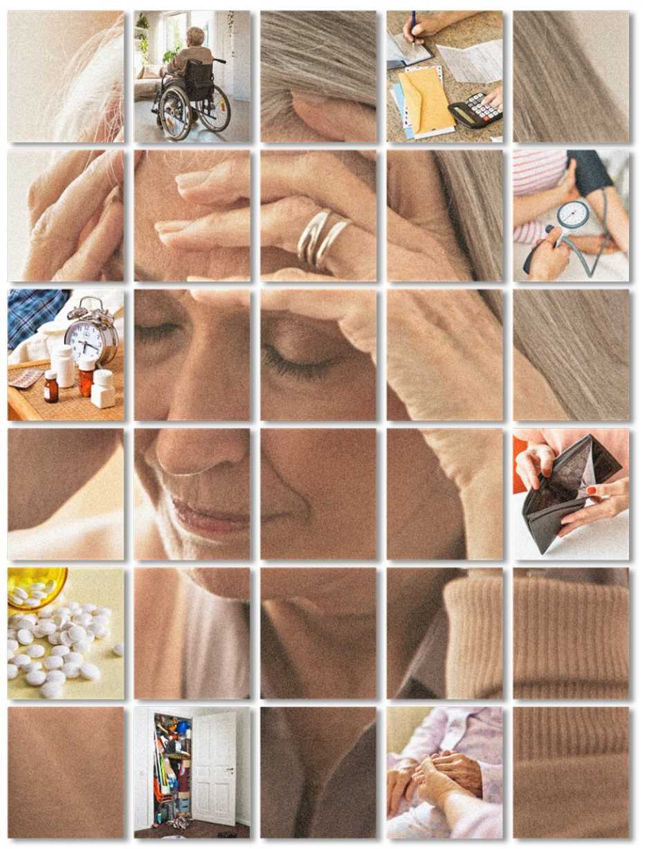 closeup of stressed woman and tiny images of some of the things going on in her head like paying bills medical concerns cleaning house and loved ones