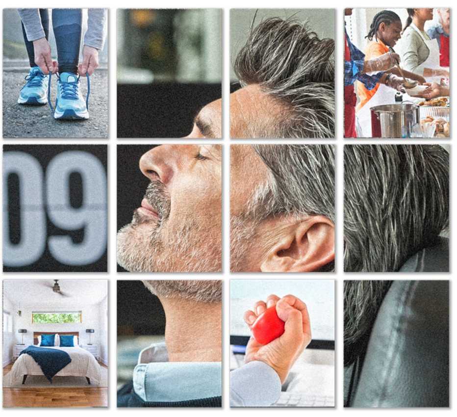 closeup of man closing eyes and looking peaceful surrounded by all of the release valves available to him such as exercise sleep and volunteering or cooking