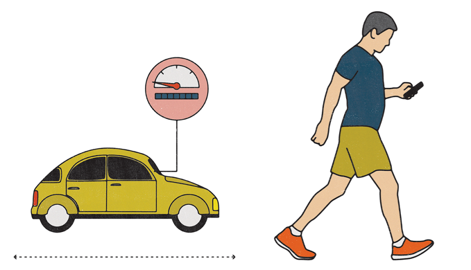 One mile walk test a car tracking off one mile and a man walking the distance afterwards