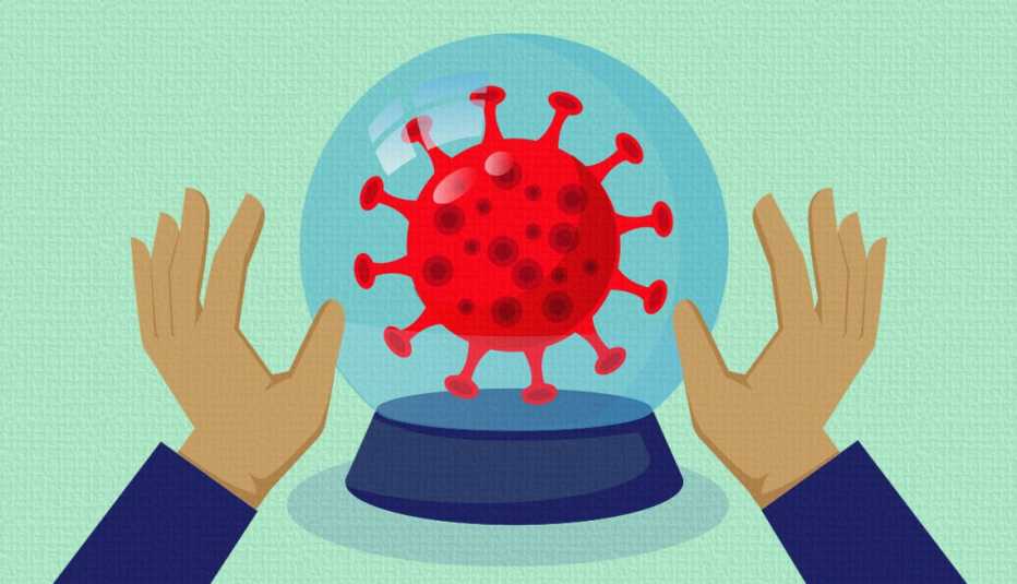 fortune teller hands in front of a crystal ball with a covid germ inside it