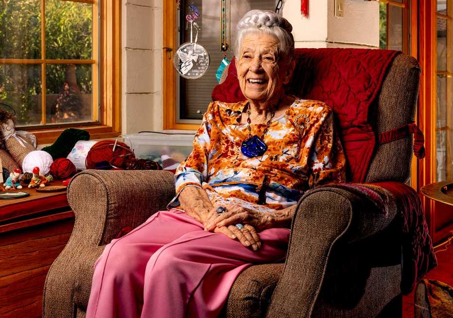 Dr. Gladys McGarey, age 102, at home in Arizona gladys mc garey smiling and sitting in a recliner in her home she is one hundred and two years old