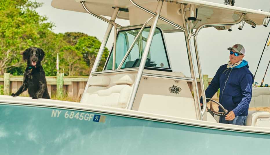 tom colicchio from top chef fishing with his dog tiki off long island new york