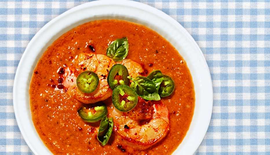 bowl of no cook gazpacho soup on a table