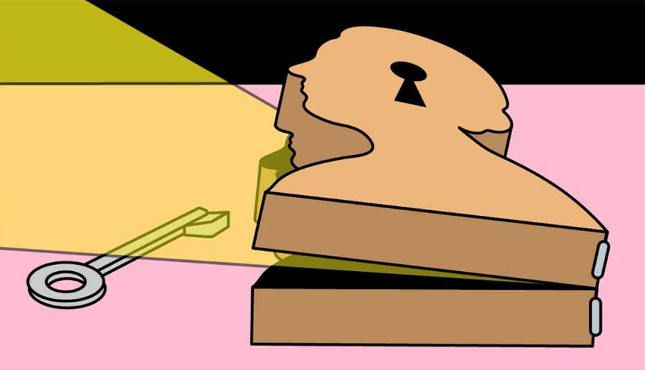 a key has just unlocked a box which is shaped like the bust of a person, and bright light is spilling out from the opening