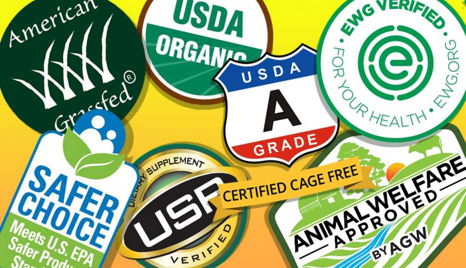 a collage of packaging labels