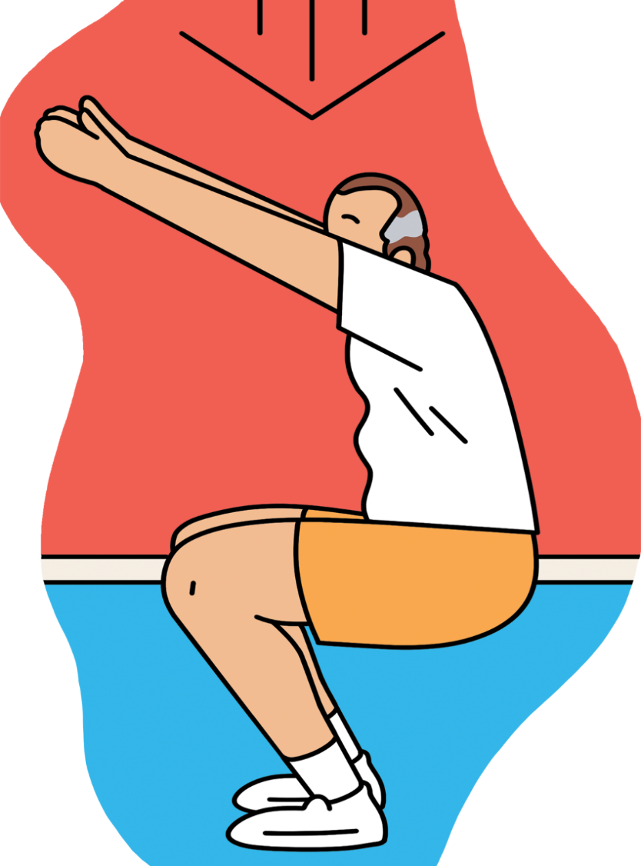 person doing a squat with their arms extended in front of them