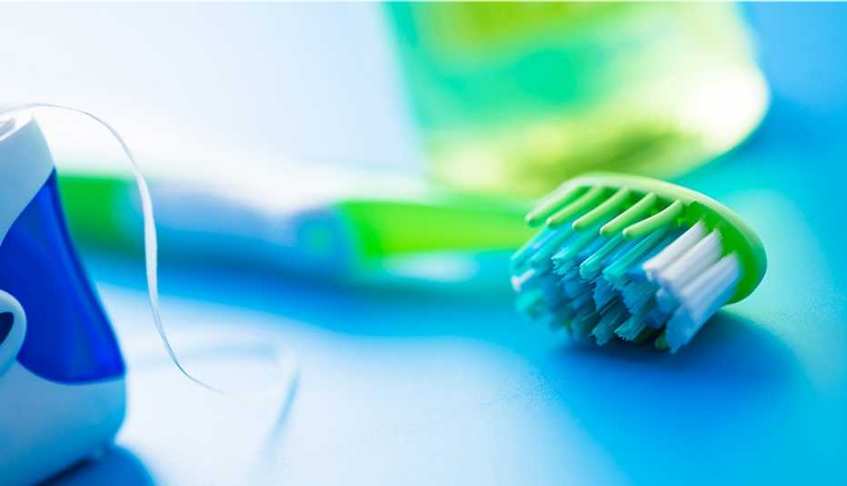 toothbrush, dental floss and mouthwash