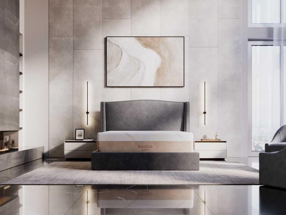 The Saatva Contour5 mattress on a padded bedframe.