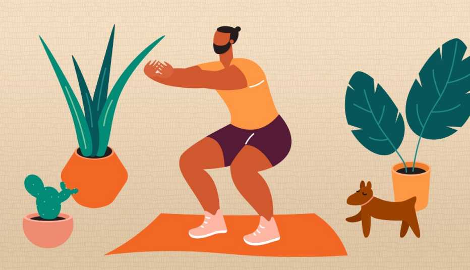 a man doing a squat exercise at home on an exercise mat surrounded by his dog and plants