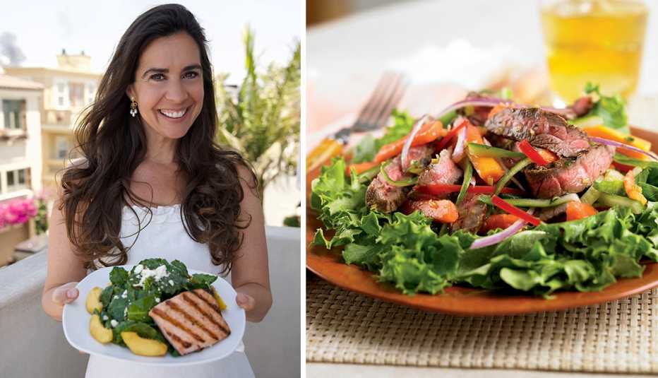 chef devin alexander showing us a kale peach salad dish with salmon and a thai beef salad