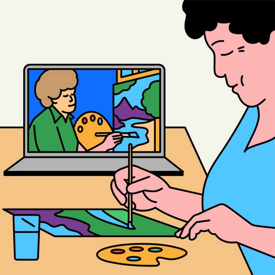 a woman watching bob ross and painting