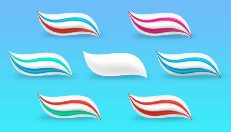 7 different types of toothpaste smears are shown ranging from classic plain white to ones with gel swirls