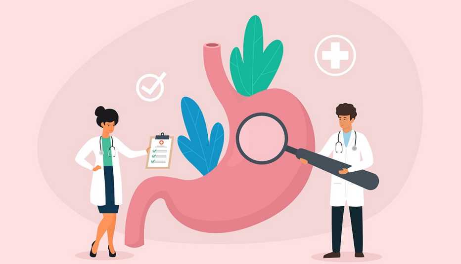 illustration of a female doctor holding a clipboard and a male doctor holding a magnifying glass over a distressed stomach