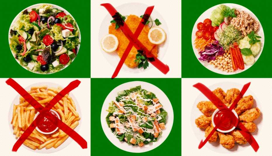 six plates of food there are three that have red ex marks on top of them those are french fries breaded fried fish and fried chicken drumsticks