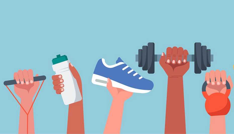 human hands holding training equipment such as dumbbells, kettlebell and resistance band