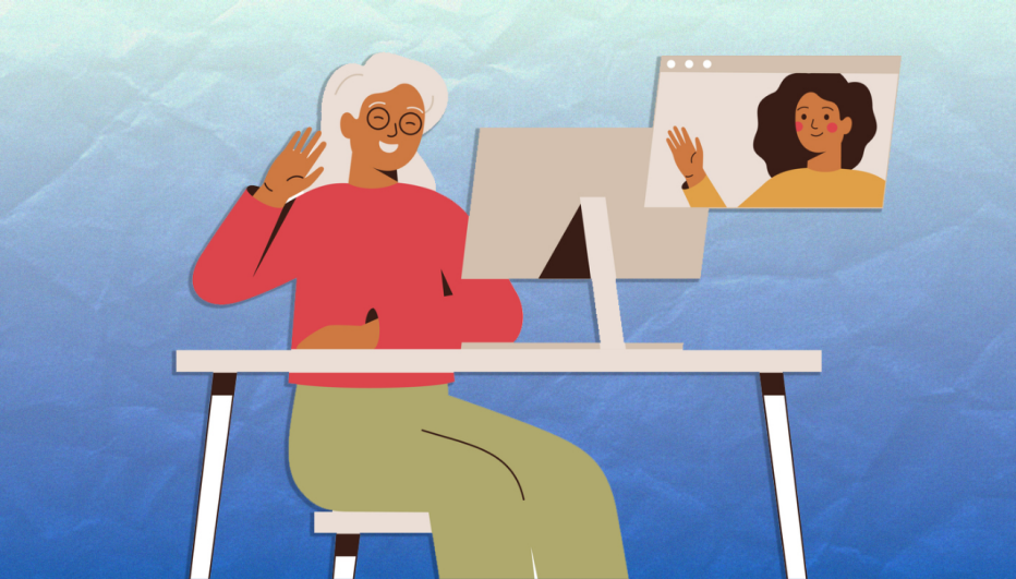 Woman smiles why waving another woman through a computer screen