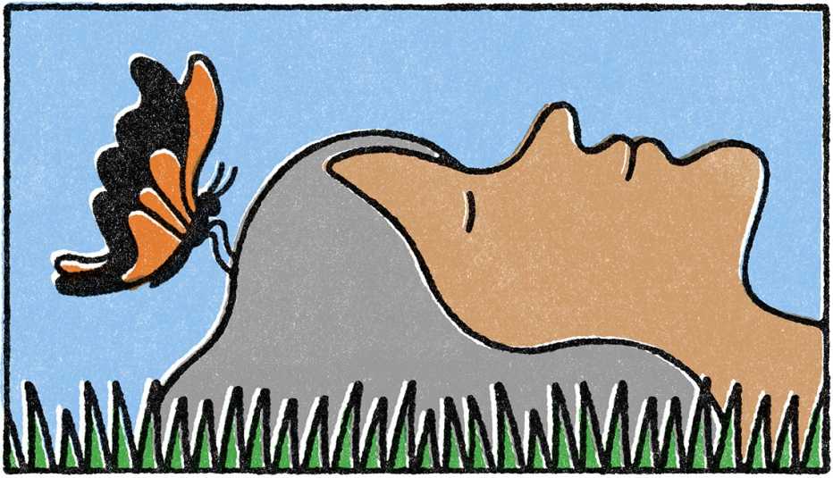 illustration of woman lying on grass with butterfly on head