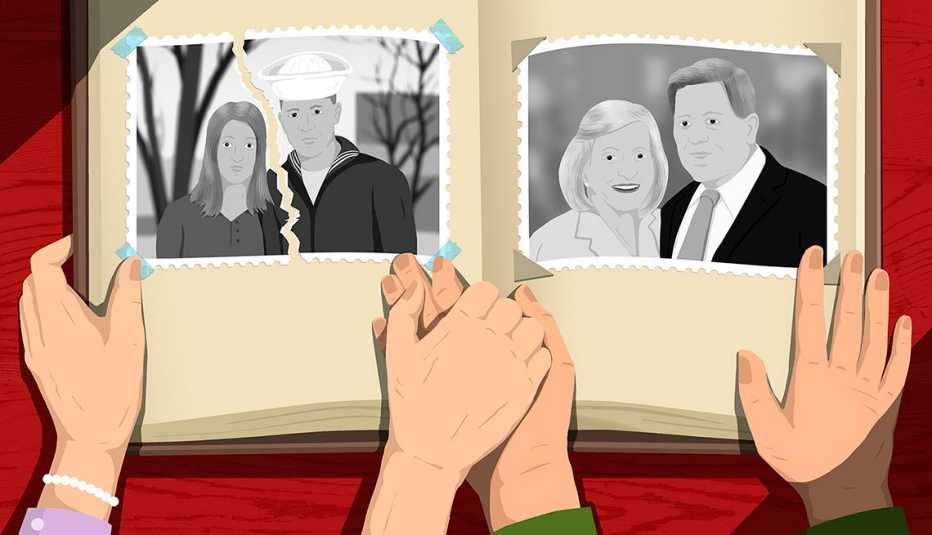 a couple holds hands while looking at an old photo album