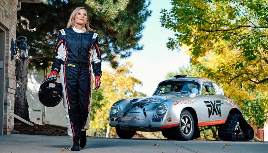 Renée Brinkerhoff, CEO Valkyrie Racing and Valkyrie Gives, with her Polar Porsche (made from a Porsche 356) at her home in Denver, Colorado, Thursday, October 13, 2022. Brinkerhoff has raced on all seven continents and is committed to fighting child trafficking around the world.