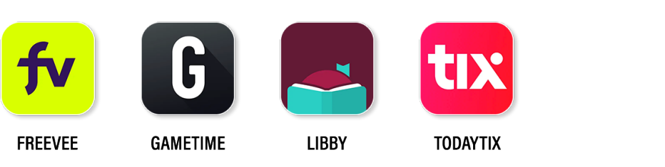 from left to right free entertainment apps freevee gametime libby and todaytix