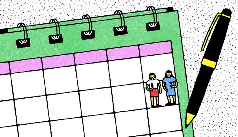 illustration of calendar with two people in one of the squares and pen next to it