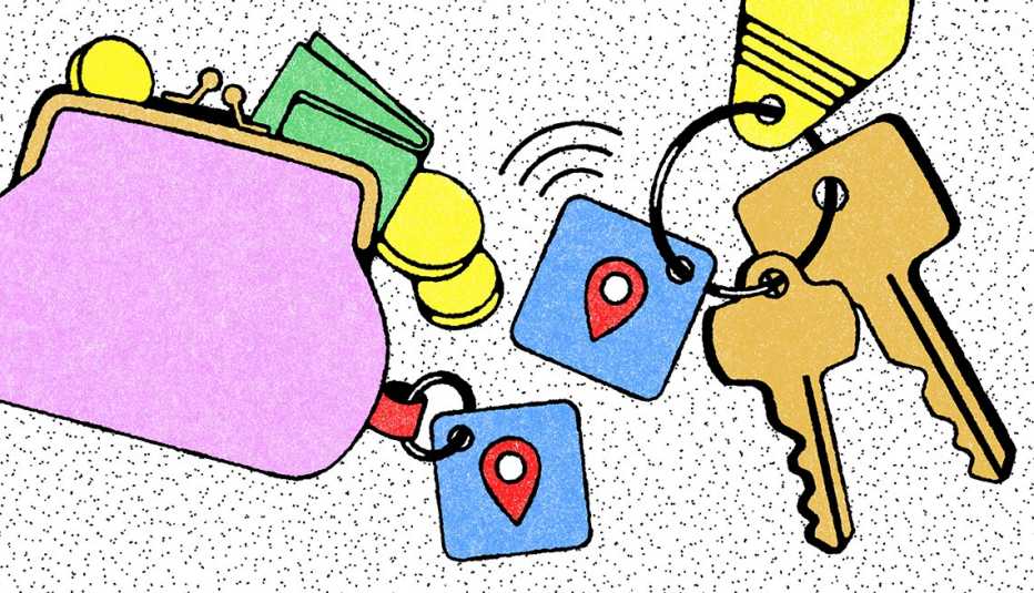 illustration of change purse with money sticking out of it and tracker on it; keys with tracker on them