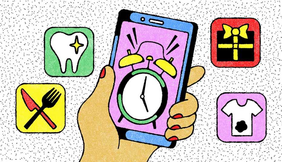 illustration of hand holding phone with alarm clock on it in center surrounded by fork and knife, tooth, present and shirt