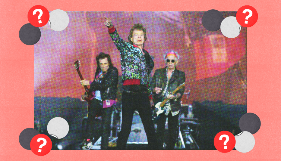 Mick Jagger, Keith Richards, and Ronnie Wood on stage; surrounded by light gray, dark gray and red circles with question marks in them