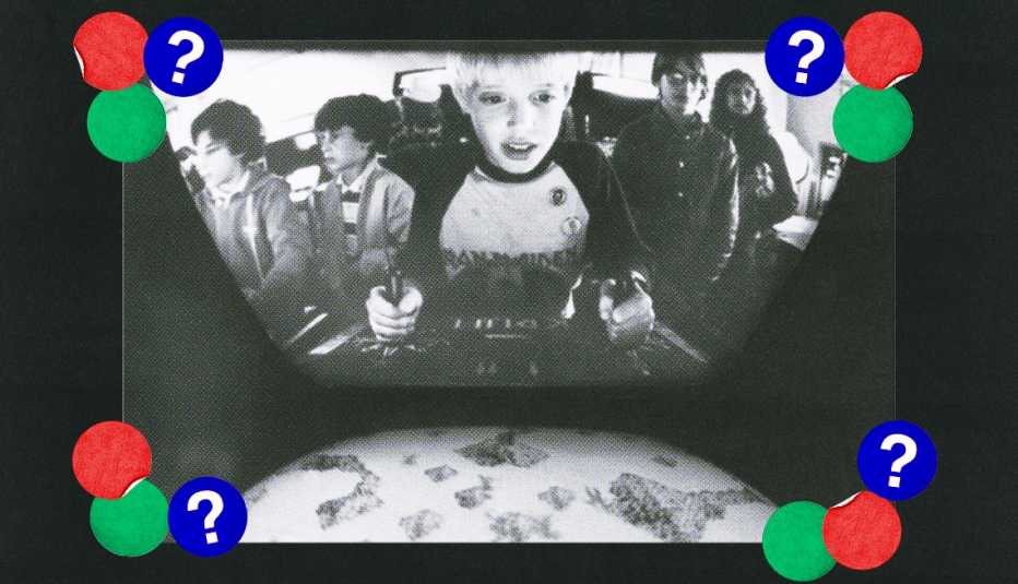 Kids on video game screen, playing video games; surrounded by red, green and blue circles with question marks in them