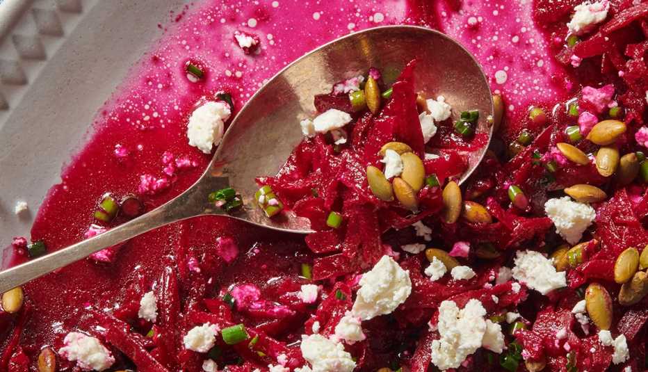 Beets and Seeds Salad grated beets, toasted pumpkin seeds, tangy feta cheese and dressing