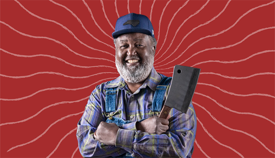 ed mitchell with arms crossed, holding knife; red background with squiggly marks