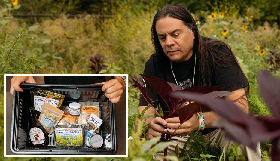 chef sean sherman picking fresh herbs inset sherman's grocery shopping basket