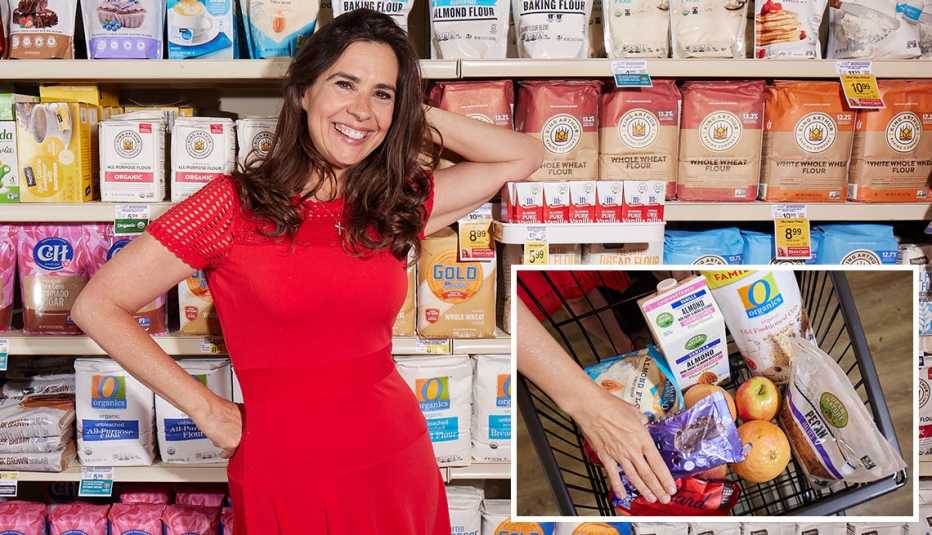 left chef author and t v host devin alexander in the baking aisle inset devin alexanders shopping basket