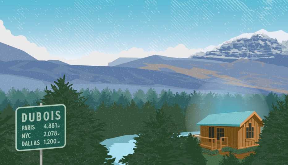 illustration of wood cabin surrounded by trees overlooking river with mountains in the distance, and sign indicating distance from Dubois to Paris, NYC and Dallas