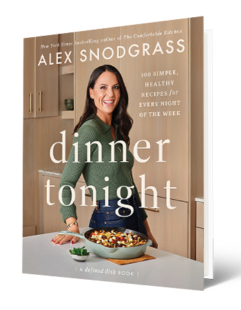 Book cover of "Dinner Tonight" by Alex Snodgrass book cover that says alex snodgrass, dinner tonight, with alex on cover next to pan of food