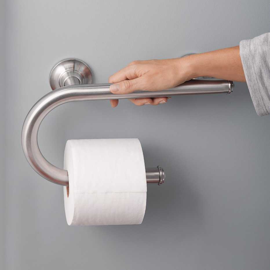 product shot of a moen  grab bar with toilet paper holder for the bathroom