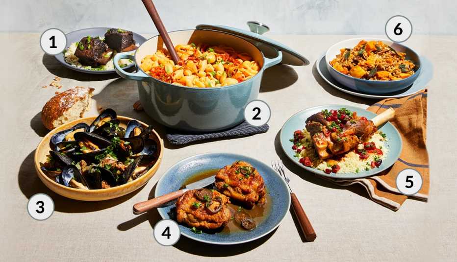 mac and cheese in center oven and clockwise from top left short ribs and mussels and adobo and lamb shank and farotto