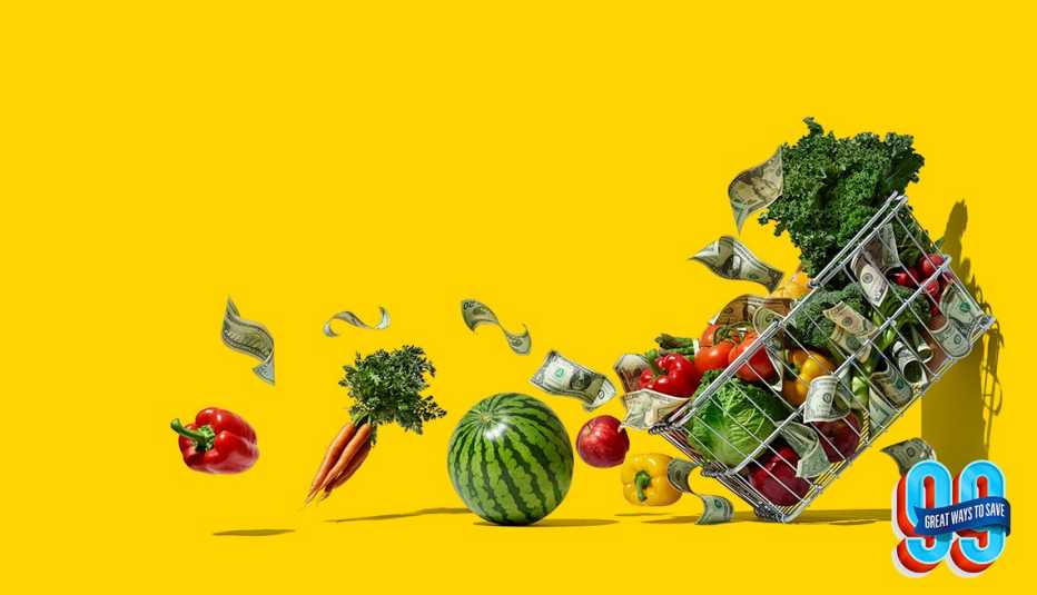 grocery cart with veggies falling out