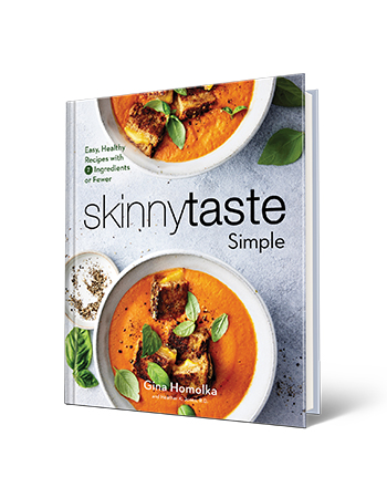 Skinnytaste Simple: Easy, Healthy Recipes with 7 Ingredients or Fewer, by Gina Homolka book cover with words skinnytaste simple, easy, healthy recipes with seven ingredients or fewer, gina homolka; bowl of soup on cover