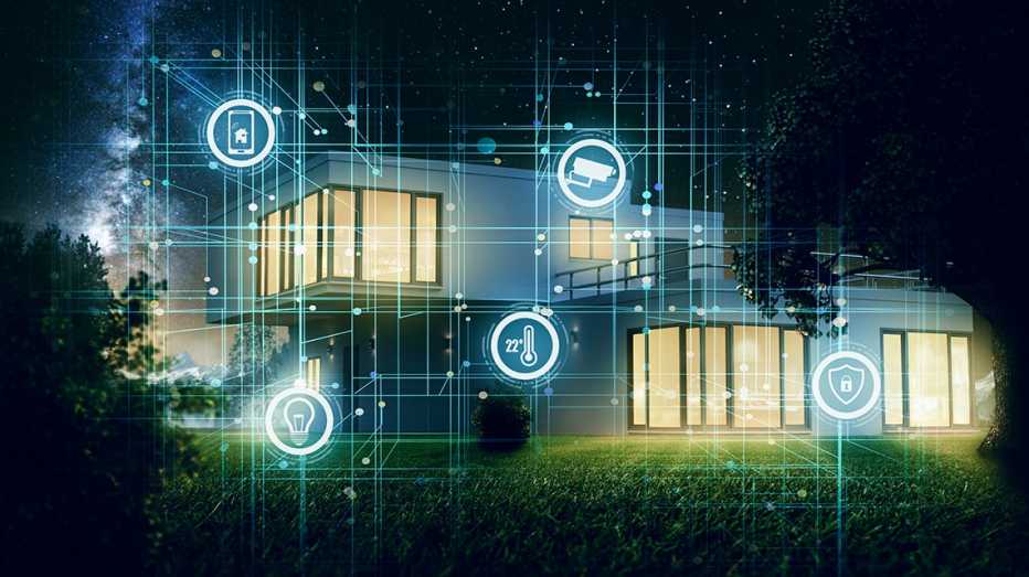 a stylized picture of a house featuring symbols representing various smart devices