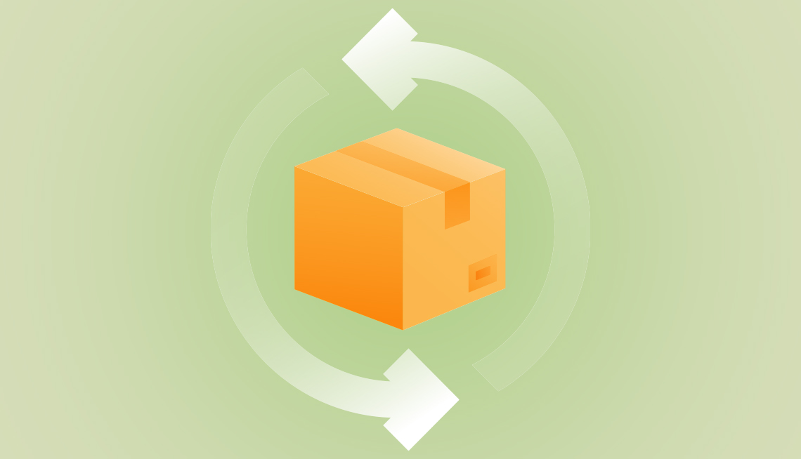 cardboard shipping box with recycle or return symbols around it