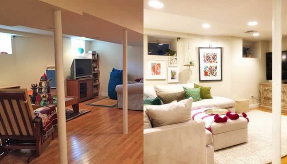 before pic of basement family room area with dark mismatched furniture before and light neutral shades after with art on the walls that looks welcoming