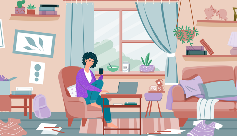 a woman sitting in a cluttered and messy home a woman sitting in a cluttered and messy home