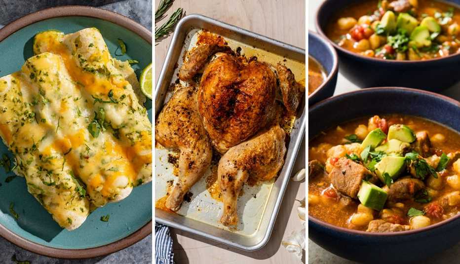 from left to right green chicken enchiladas then spatchcocked rosemary chicken then slow cooker pork posole from left to right green chicken enchiladas then spatchcocked rosemary chicken then slow cooker pork posole