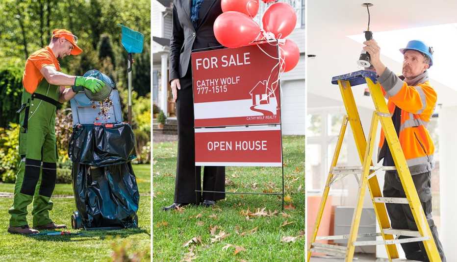 landscaper emptying lawnmower a real estate agent standing behind a lawn open house sign and a contractor installing a ceiling light fixture
