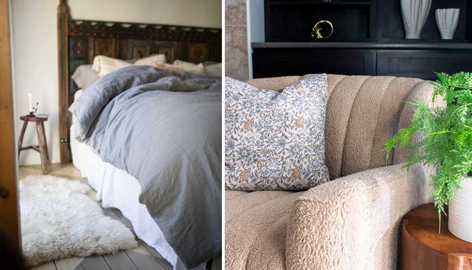 left a bedroom with a fuzzy rug and a neutral bed spread right a fuzzy chair and a fern